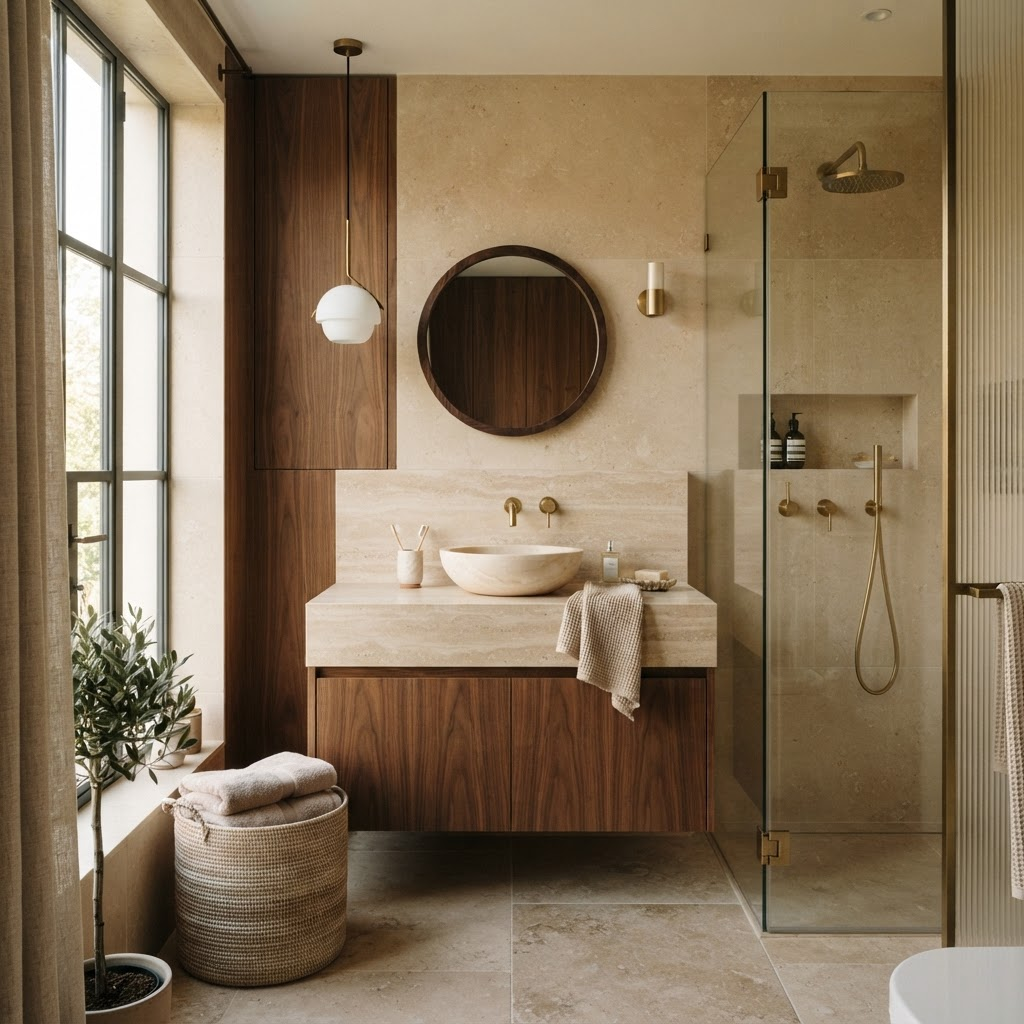 Photograph of a finished bathroom, natural stone and timber, high-end residential interior