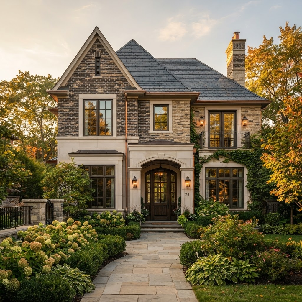 Photograph of a finished residential exterior facade, warm natural light, high-end residential exterior
