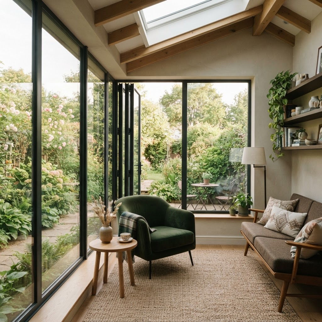 Photograph of a finished garden room extension, warm natural light, high-end residential interior