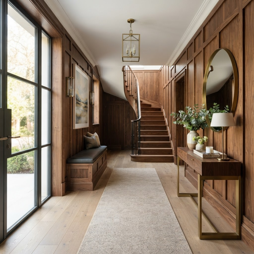Photograph of a finished bespoke entrance hallway, warm wood panelling, high-end residential interior