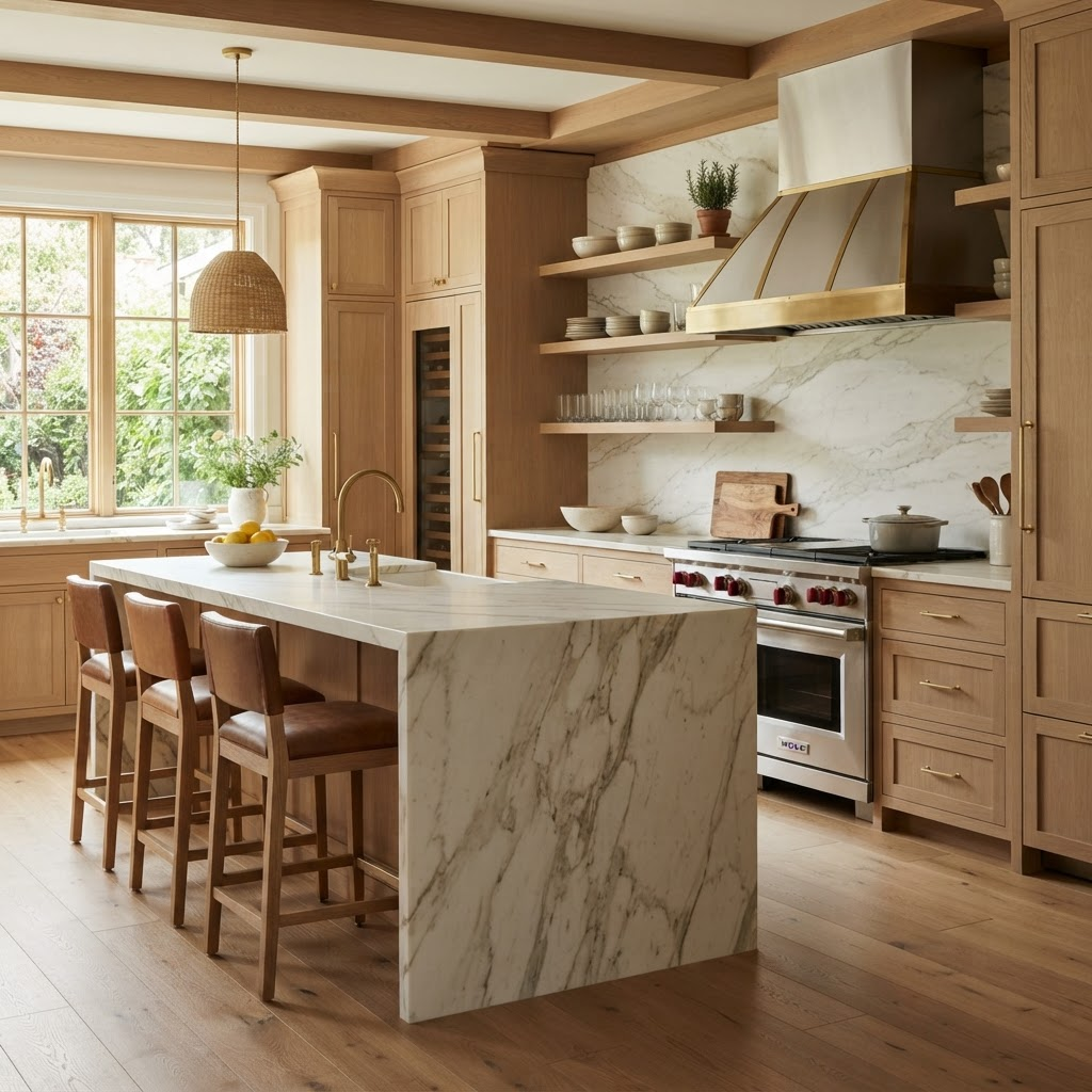 Photograph of a finished kitchen renovation, warm natural light, high-end residential interior