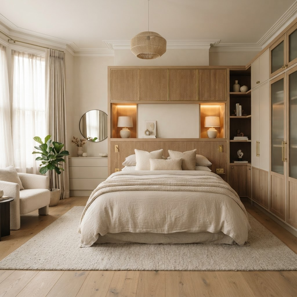 Photograph of a finished primary bedroom, warm natural light, high-end residential interior